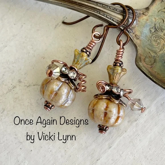 Hand Crafted “Pumpkin Crème Brûlée” Dangle Earrings - Picture 1 of 12
